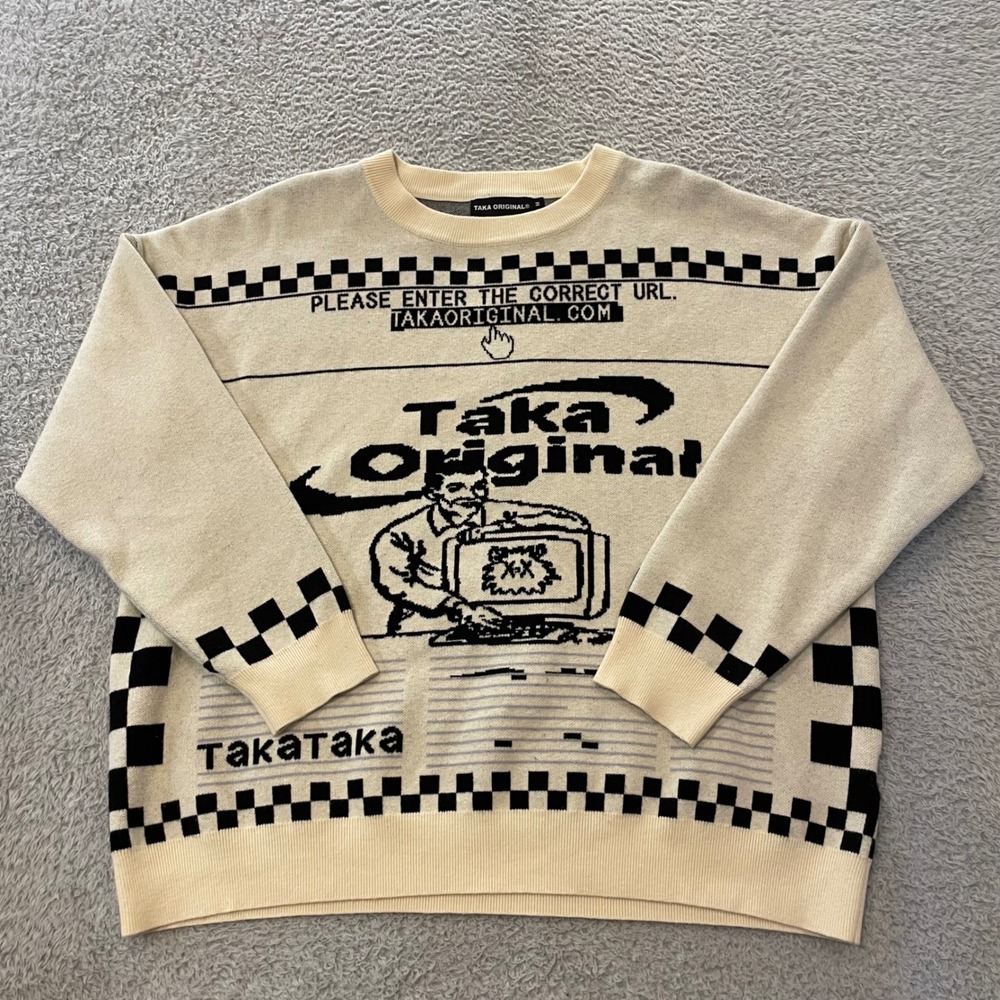Taka Original Create The Fun Sweater Mens Medium Cream Black Knit Y2K